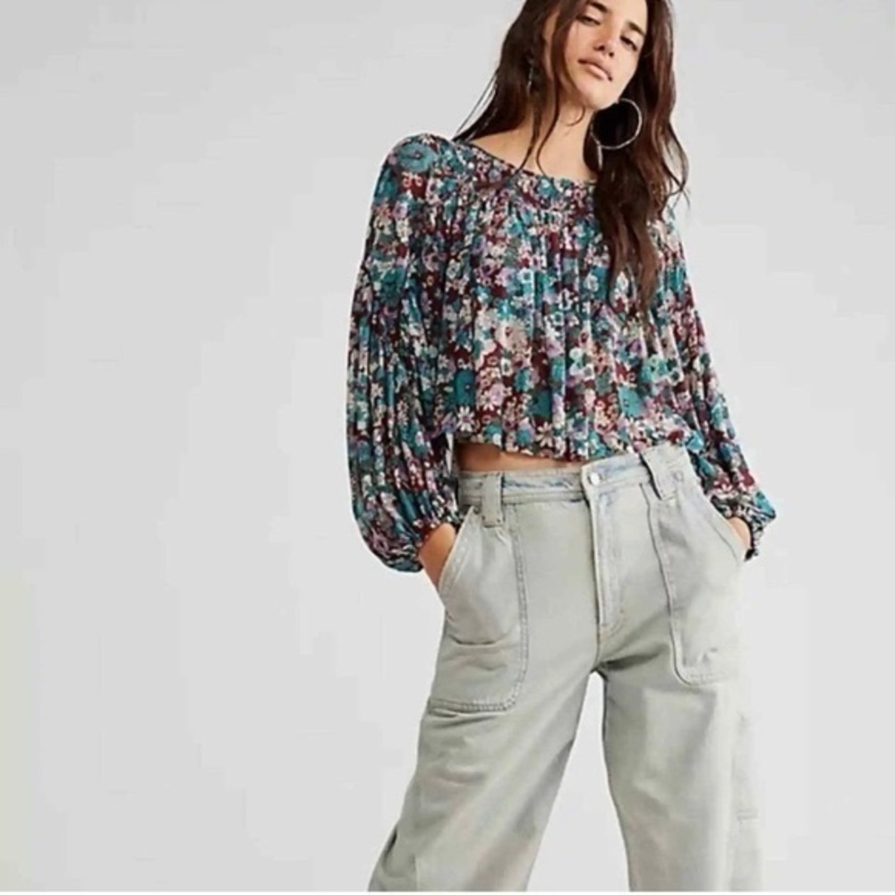 FREE PEOPLE UP FOR ANYTHING RAISIN COMBO FLORAL SHEER MESH LONG SLEEVE TOP SZ S